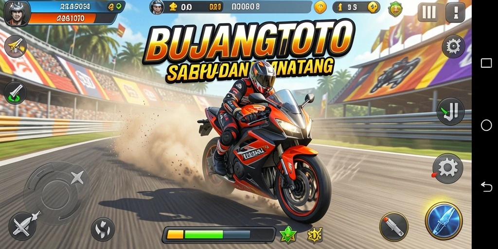 Screenshot utama gameplay <strong>BUJANGTOTO</strong> menampilkan aksi balapan motor yang seru.