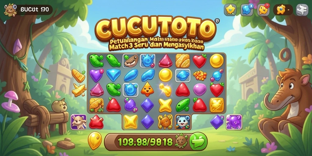 Screenshot gameplay CUCUTOTO menampilkan tantangan match-3 yang colorful dan interaktif.
