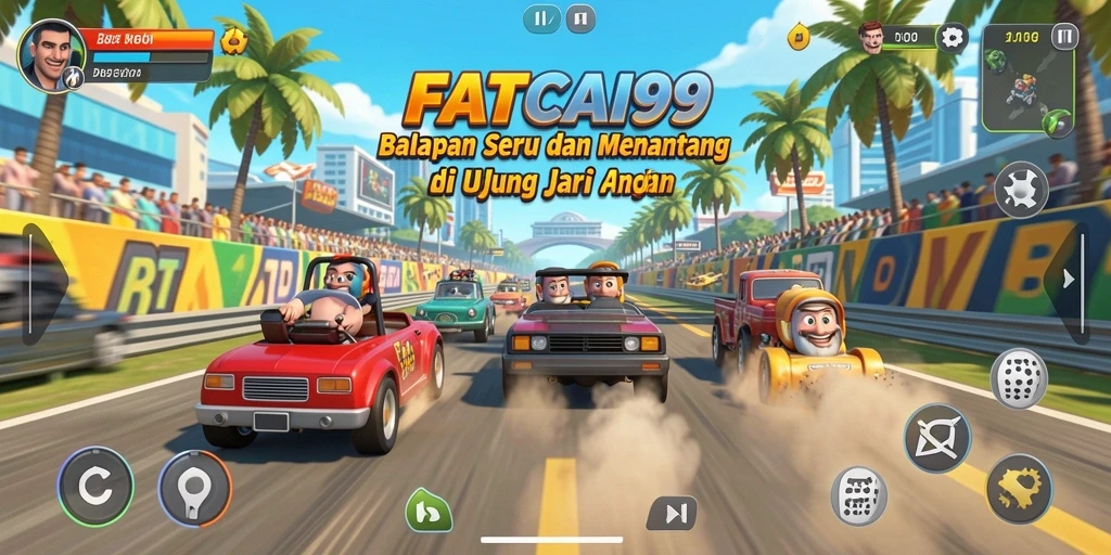 Tampilan gameplay mengesankan dari FATCAI99 dengan mobil balap beraksi.