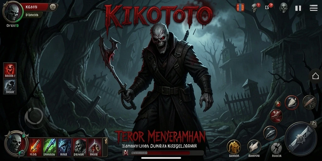 Screenshot gameplay KIKOTOTO yang menampilkan suasana horor yang mencekam.