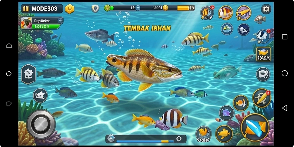 Screenshot utama dari MODE303 menampilkan aksi menembak ikan yang seru.