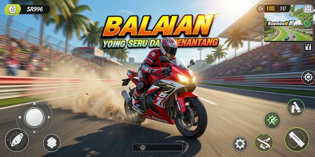 Tampilan utama gameplay SR996 dengan motor yang melaju kencang.