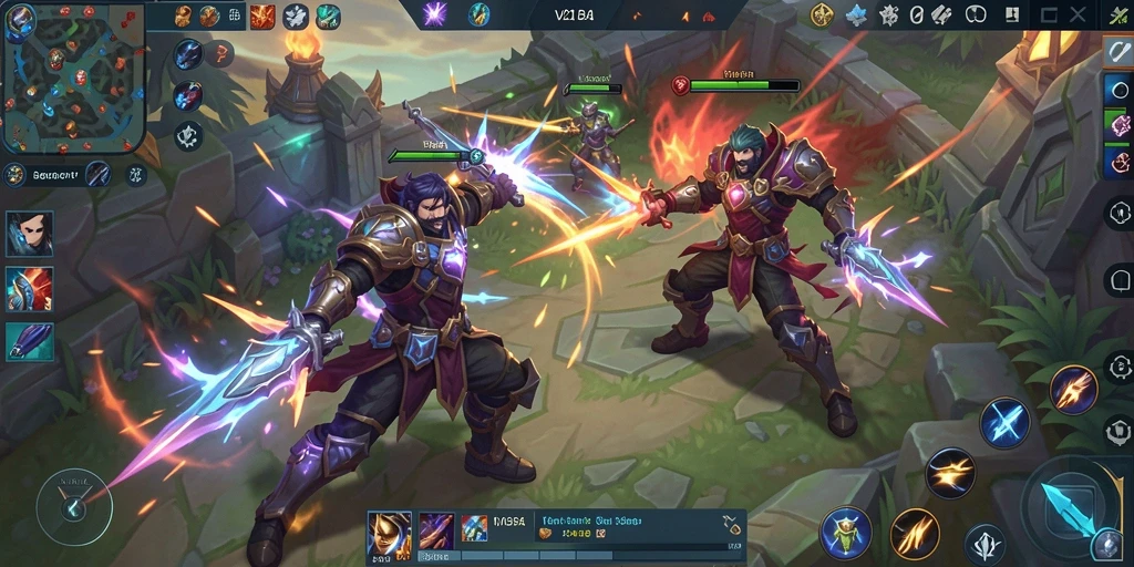 Tampilan gameplay penuh aksi dari V21 di battlefield MOBA.